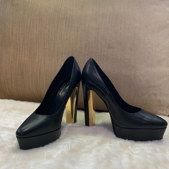 Saint Laurent YSL Black Leather+gold platform pump - Picture 5 of 8